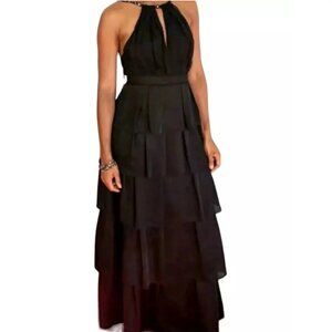 BCBGMaxazria Black Tiered Gown Swiss Dot Halter Neck Beaded Straps Black Tie 8